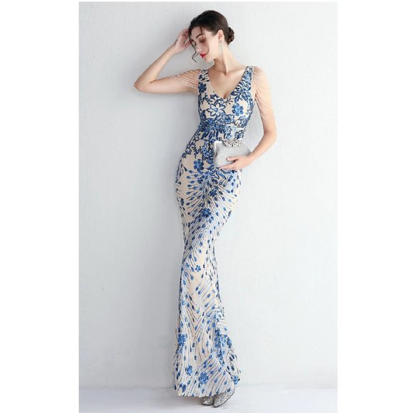 Blue Sequin Dress Glittering Formal Evening Gown Floor Length Event Dress - Picture 5 of 6